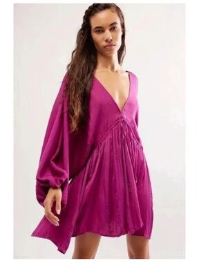 Free People Arzel Mini Dress Long Sleeve in Magenta Haze - XS
